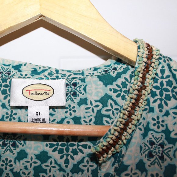 SALE: Vintage Talbots Beaded Collar Button-up 3/4 Sleeve, XL Turquoise/Lt. Blue - Picture 3 of 11